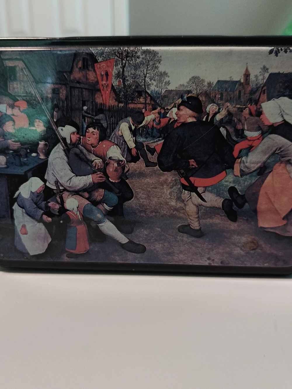 The Peasant Dance By Pieter Bruegel Vintage Black & Gold Tin Box Massilly France